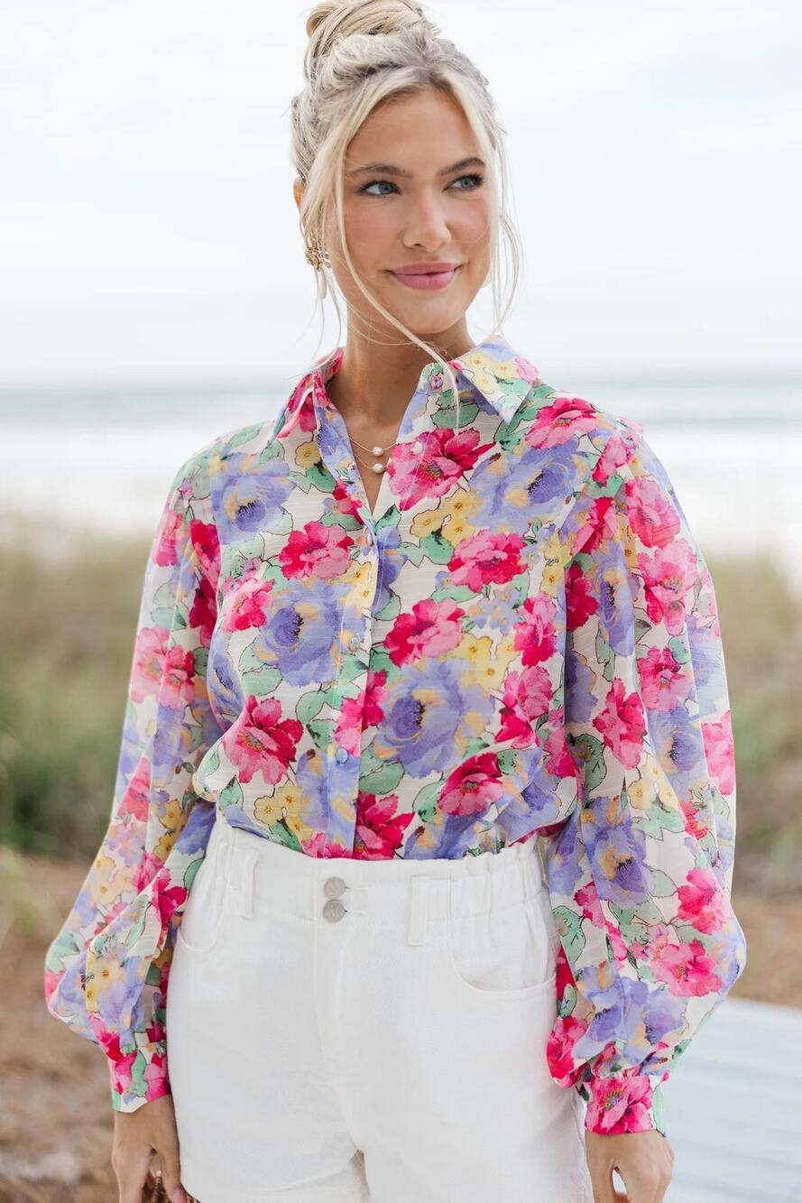 NWT Pinch New Beginnings Lavender Purple Floral Button Up Blouse Womens Large